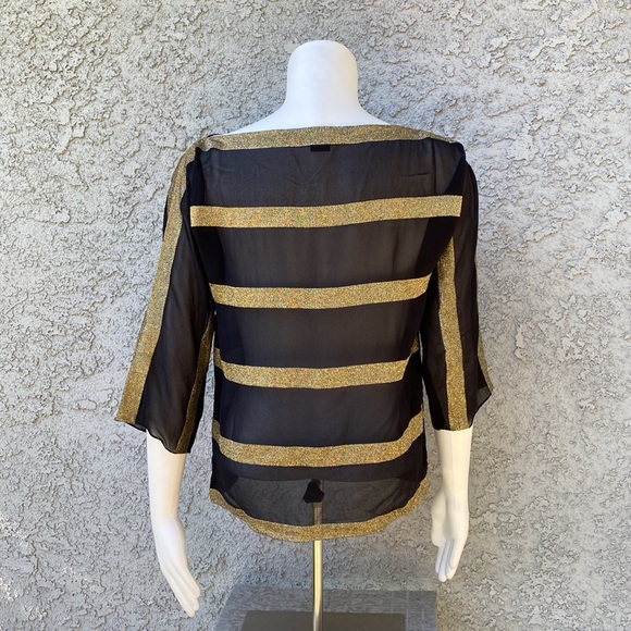 Ralph Lauren Black Label Gold Metallic Striped Sheer Silk Couture Blouse Shirt - Picture 6 of 8